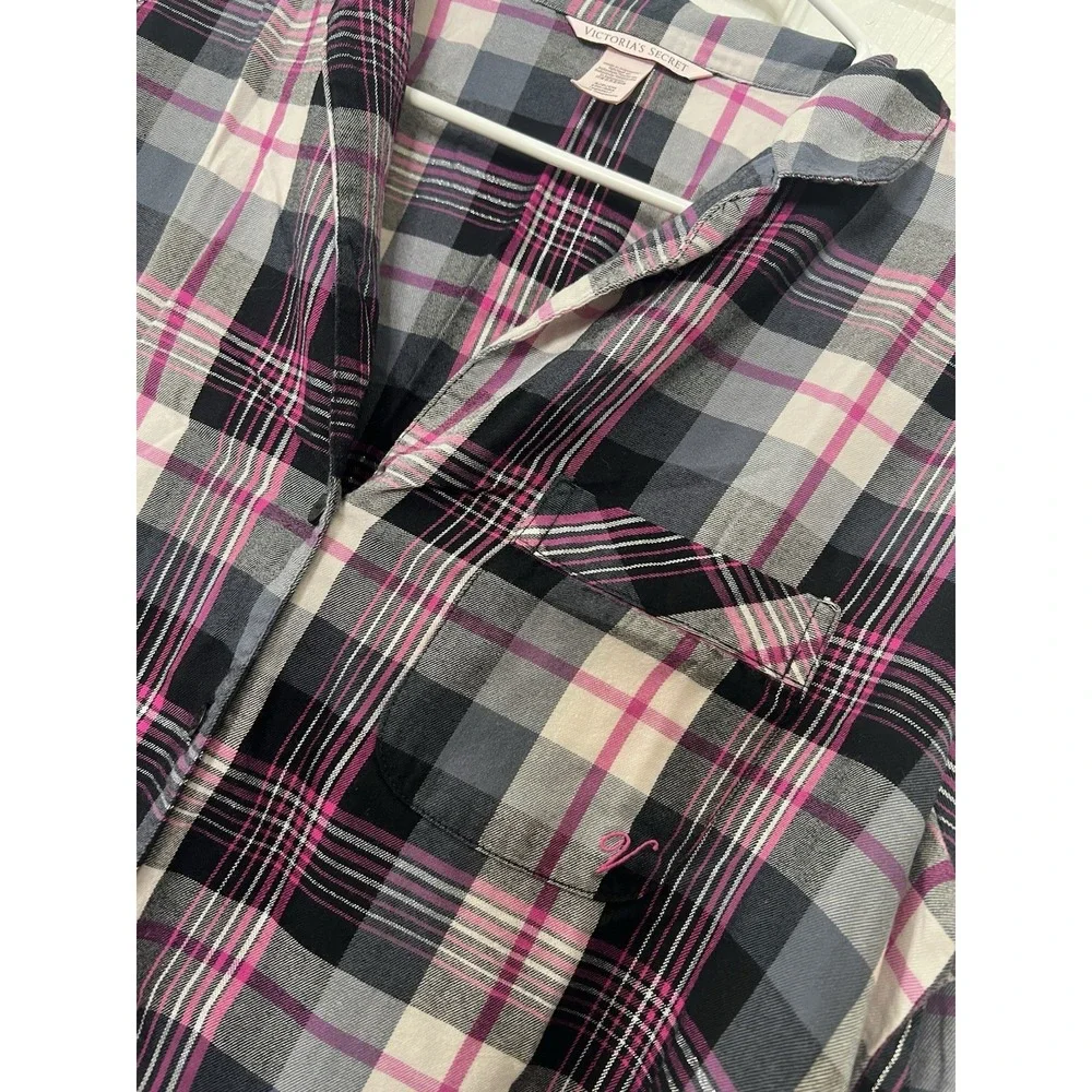 Victorias Secret 2PC Flannel Plaid Long Sleeve ButtonUp Shirt Pants Pink Black S